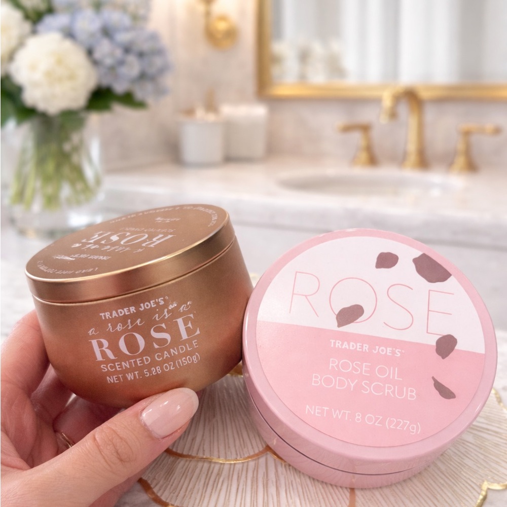 Trade Joes Rose Oil Body Scrub and Candle Set Pink LIMITED EDITION - Picture 1 of 6